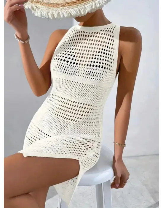 Kadın Kolsuz Derin Sırt Dekolteli Ajurlu Triko Pareo