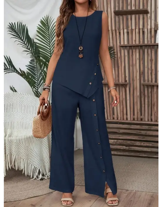 Kadın Kolsuz Düğmeli Asimetrik Detaylı Bürümcük Bluz Ve Pantolon Takım