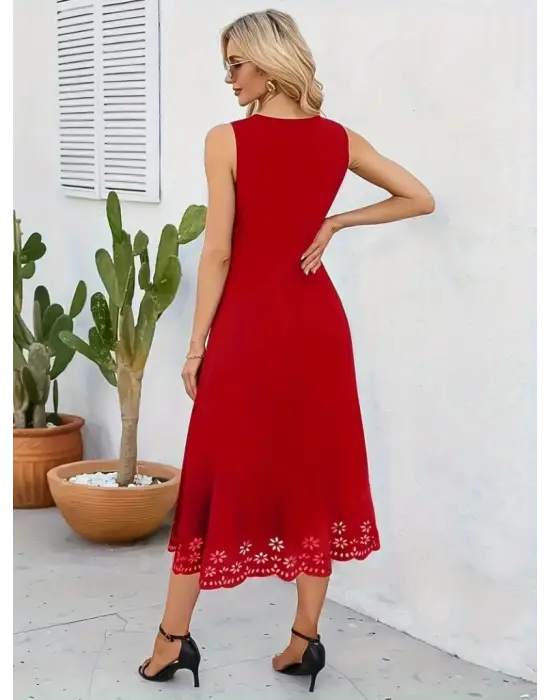 Kadın Kolsuz Etek Ucu Lazer Kesim çiçek Desenli Midi Boy Ithal Krep Elbise