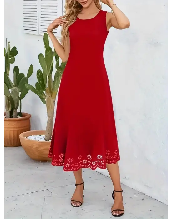 Kadın Kolsuz Etek Ucu Lazer Kesim çiçek Desenli Midi Boy Ithal Krep Elbise