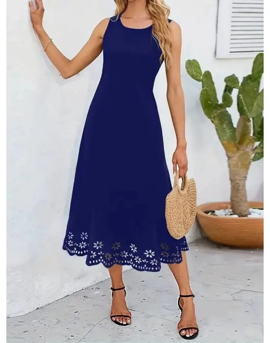 Omarı Çiçek Desenli Lazer Kesim Midi Boy Elbise