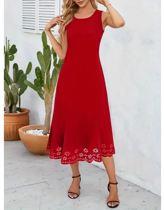 Kadın Kolsuz Etek Ucu Lazer Kesim çiçek Desenli Midi Boy Ithal Krep Elbise