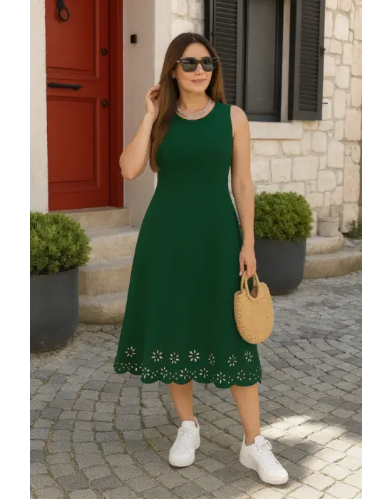 Kadın Kolsuz Etek Ucu Lazer Kesim çiçek Desenli Midi Boy Ithal Krep Elbise