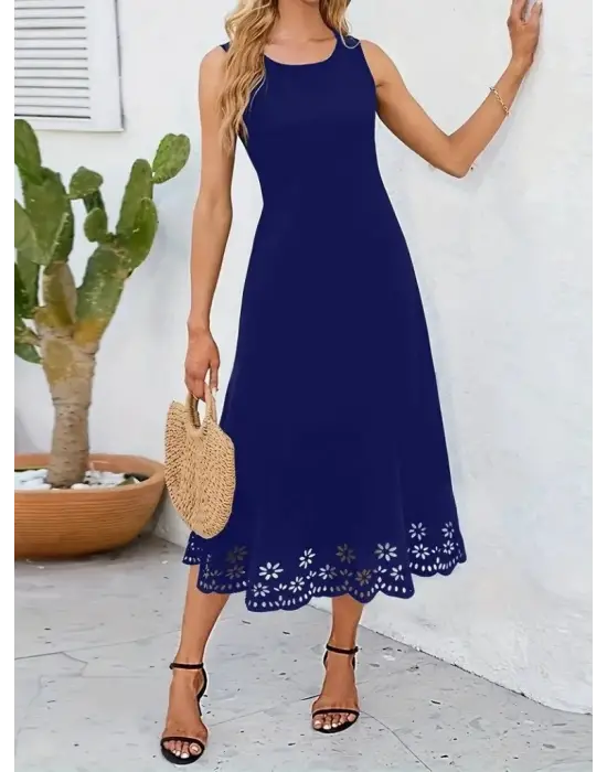 Omarı Çiçek Desenli Lazer Kesim Midi Boy Elbise