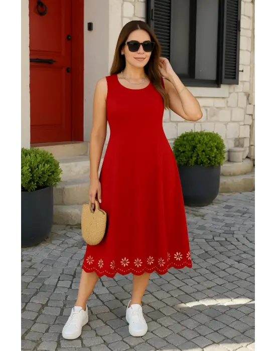 Kadın Kolsuz Etek Ucu Lazer Kesim çiçek Desenli Midi Boy Ithal Krep Elbise