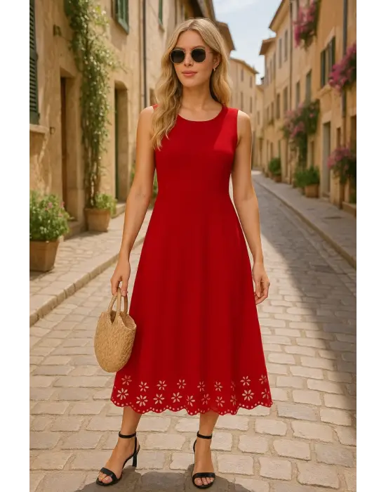 Omarı Çiçek Desenli Kadın Midi Boy Kolsuz Elbise