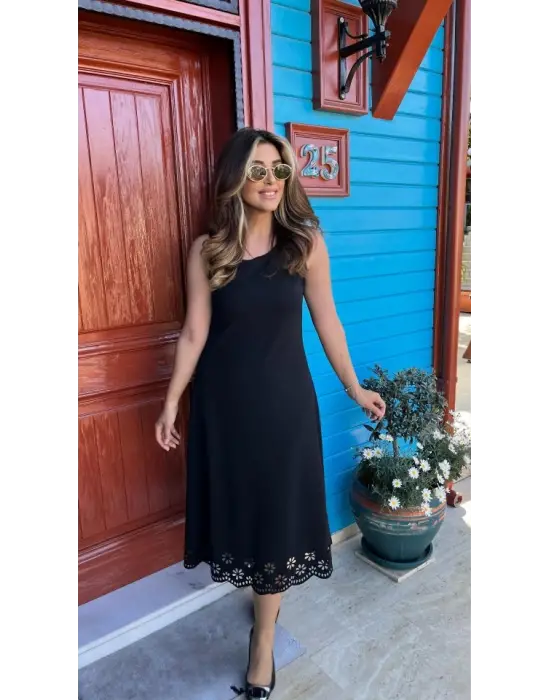 Kadın Kolsuz Etek Ucu Lazer Kesim çiçek Desenli Midi Boy Janjan Krep Elbise