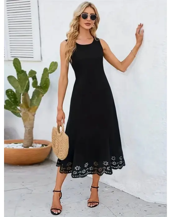 Omarı Çiçek Desenli Etek Ucu Lazer Kesim Midi Boy Elbise