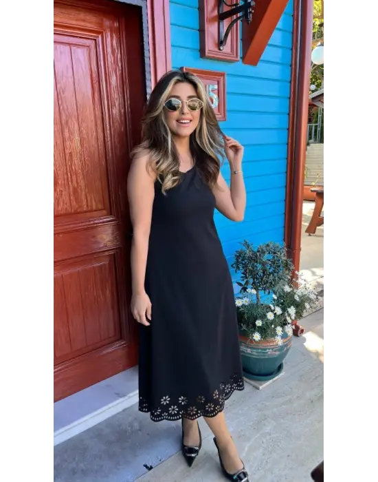 Kadın Kolsuz Etek Ucu Lazer Kesim çiçek Desenli Midi Boy Janjan Krep Elbise