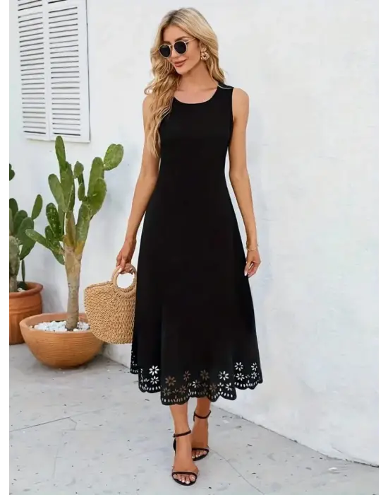 Omarı Çiçek Desenli Etek Ucu Lazer Kesim Midi Boy Elbise