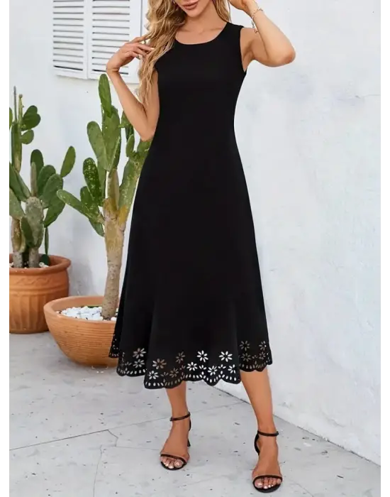 Omarı Çiçek Desenli Etek Ucu Lazer Kesim Midi Boy Elbise