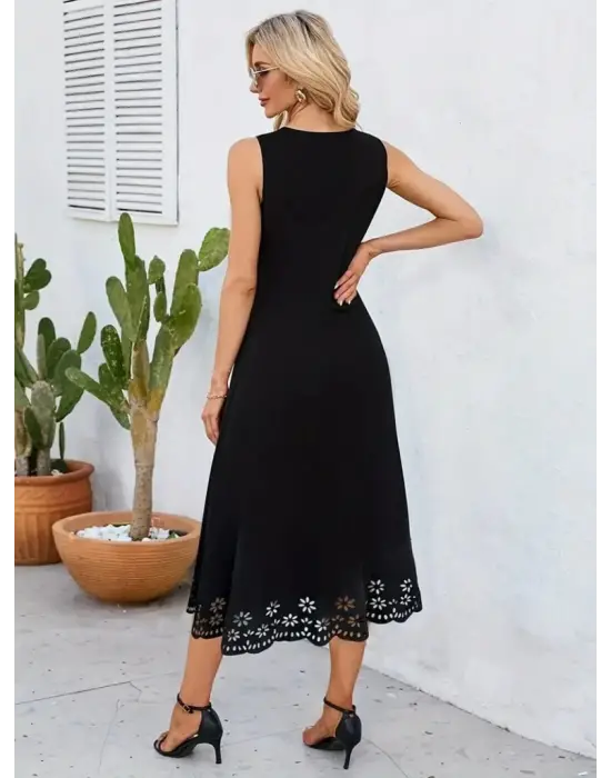 Omarı Çiçek Desenli Etek Ucu Lazer Kesim Midi Boy Elbise