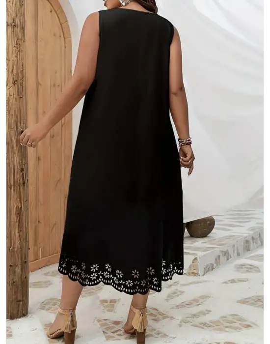 Kadın Kolsuz Etek Ucu Lazer Kesim çiçek Desenli Midi Boy Janjan Krep Elbise