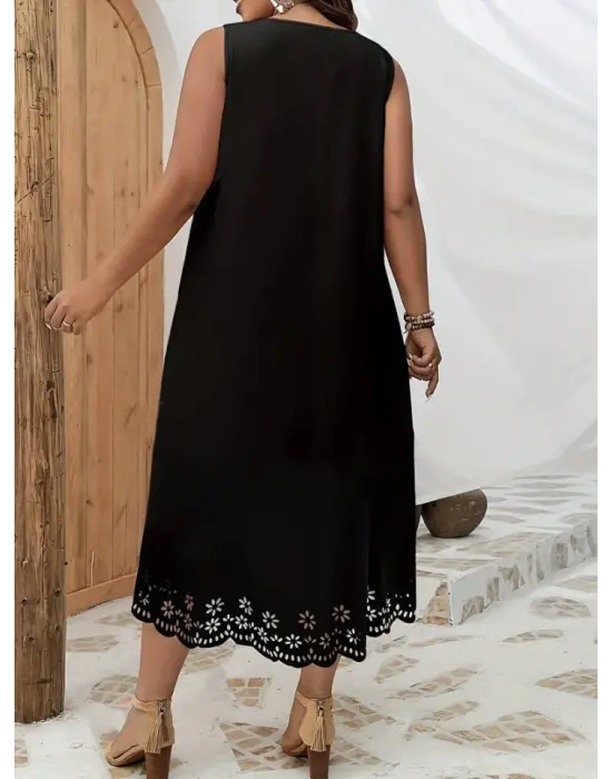 Omarı Çiçek Desenli Etek Ucu Lazer Kesim Midi Boy Elbise