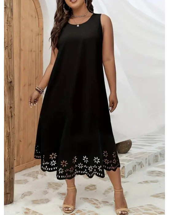 Omarı Çiçek Desenli Etek Ucu Lazer Kesim Midi Boy Elbise