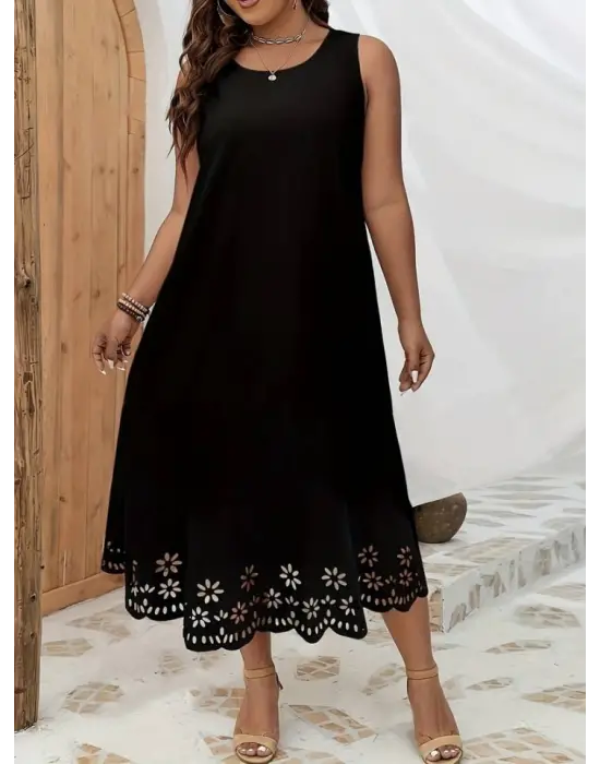 Omarı Çiçek Desenli Etek Ucu Lazer Kesim Midi Boy Elbise