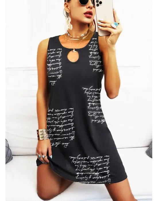 Kadın Kolsuz Halka Detay Mektup Desenli Mikro Elbise