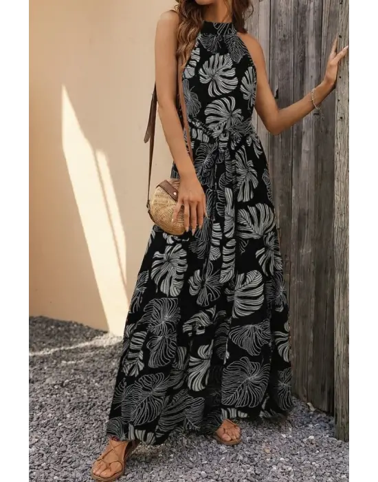 Kadın Kolsuz Halter Yaka Beli Lastikliotantik Desenli Mikro Kumaş Elbise