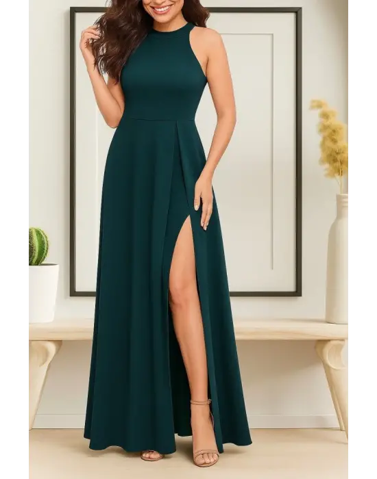 Kadın Kolsuz Halter Yaka Derin Yırtmaç Detaylı Tam Boy Ithal Krep Elbise