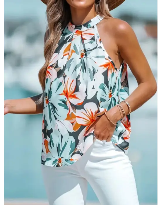 Kadın Kolsuz Halter Yaka Desenli Bluz
