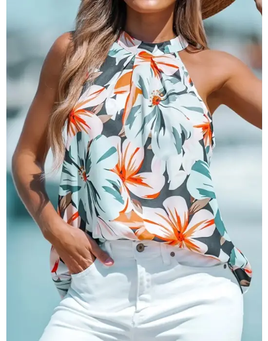 Kadın Kolsuz Halter Yaka Desenli Bluz