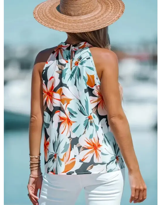 Kadın Kolsuz Halter Yaka Desenli Bluz