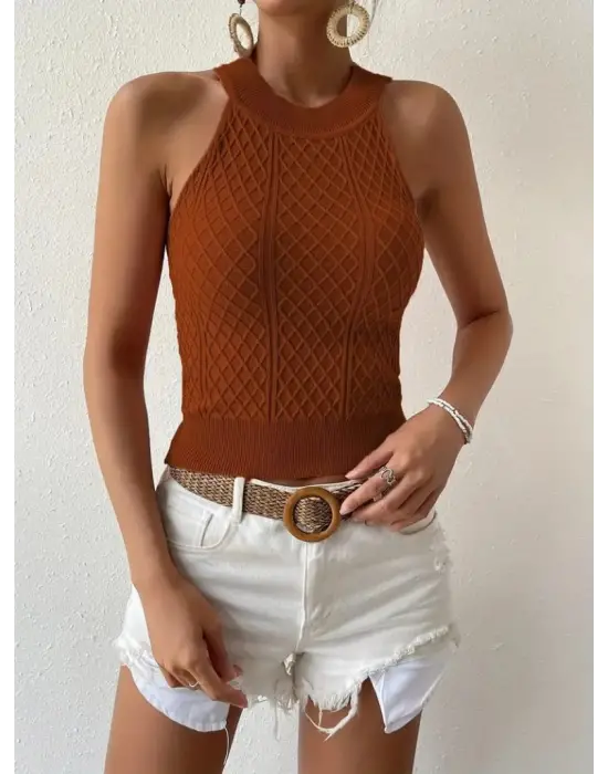 Kadın Kolsuz Halter Yaka Mini Baklava Desenli Triko Bluz