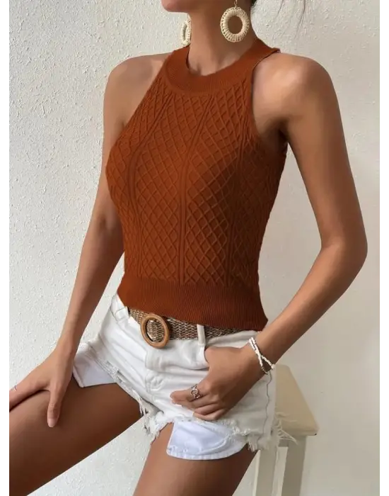 Kadın Kolsuz Halter Yaka Mini Baklava Desenli Triko Bluz