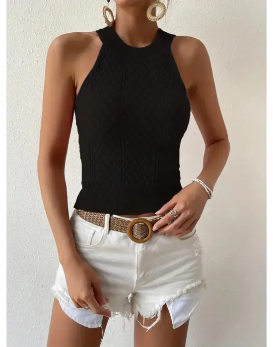 Kadın Kolsuz Halter Yaka Mini Baklava Desenli Triko Bluz