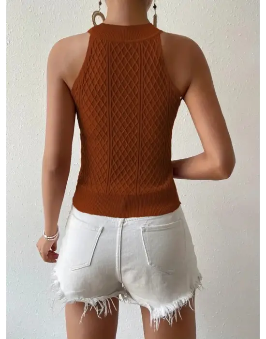 Kadın Kolsuz Halter Yaka Mini Baklava Desenli Triko Bluz