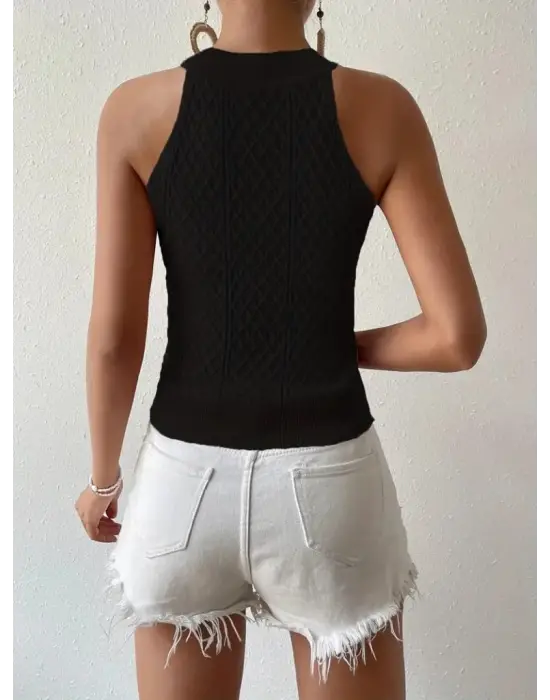 Kadın Kolsuz Halter Yaka Mini Baklava Desenli Triko Bluz