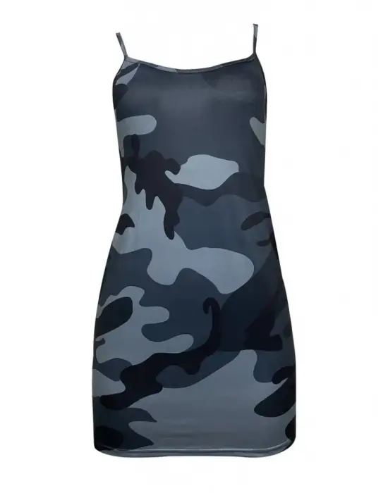 Kadın Kolsuz Ip Askılı Kamuflaj Baskılı Viskon Elbise