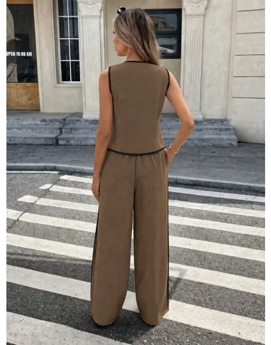 Kadın Kolsuz önü Düğmeli Yelek Ve Pantolon Ikili Takım