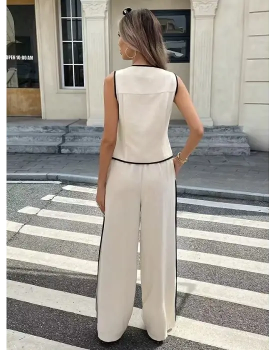 Kadın Kolsuz önü Düğmeli Yelek Ve Pantolon Ikili Takım