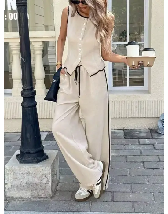 Kadın Kolsuz önü Düğmeli Yelek Ve Pantolon Ikili Takım