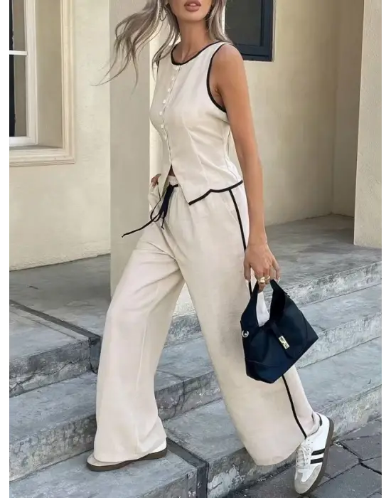 Kadın Kolsuz önü Düğmeli Yelek Ve Pantolon Ikili Takım