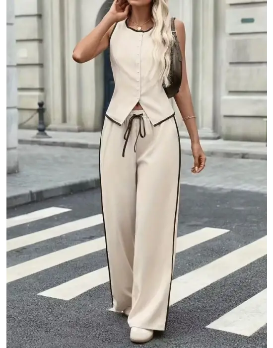 Kadın Kolsuz önü Düğmeli Yelek Ve Pantolon Ikili Takım