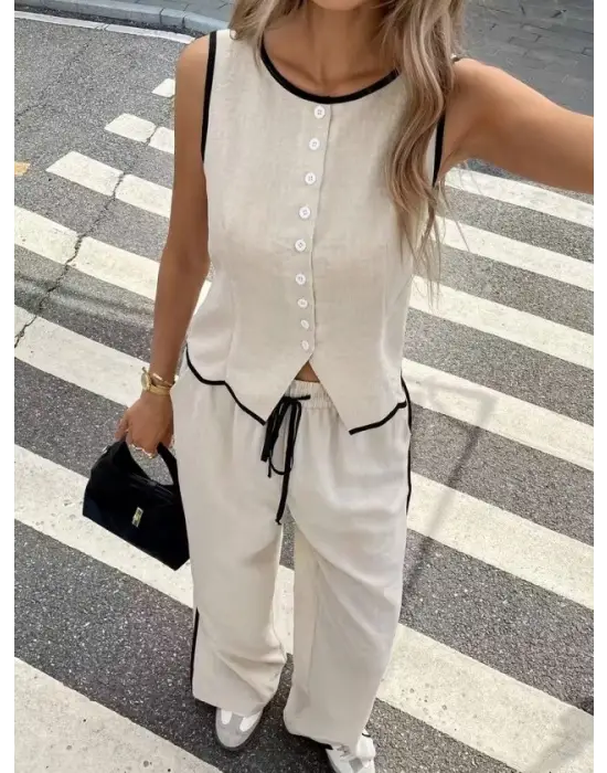 Kadın Kolsuz önü Düğmeli Yelek Ve Pantolon Ikili Takım