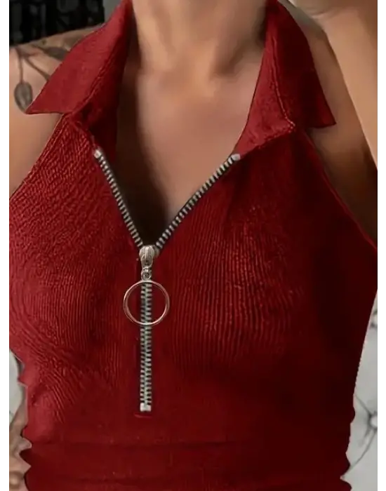 Kadın Kolsuz Polo Yaka önü Fermuarlı Kaşkorse Bluz