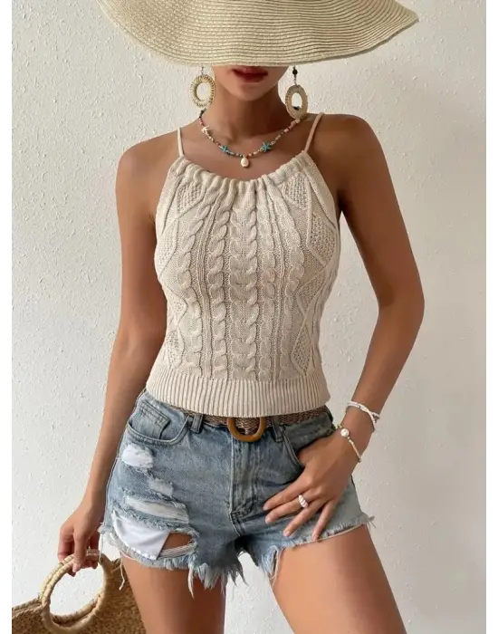 Kadın Kolsuz Sırt Dekolte Detay Askılı Triko Bluz