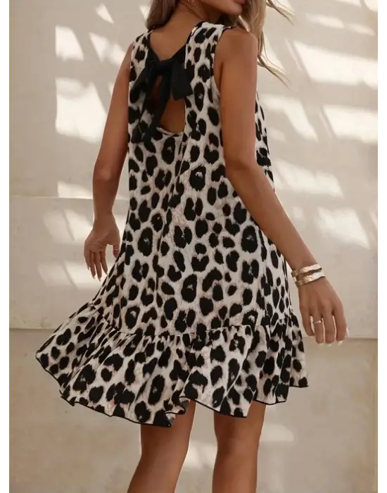 Kadın Kolsuz Sırttan Bağlamalı Fırfırlı Leopar Desenli Süprem Elbise