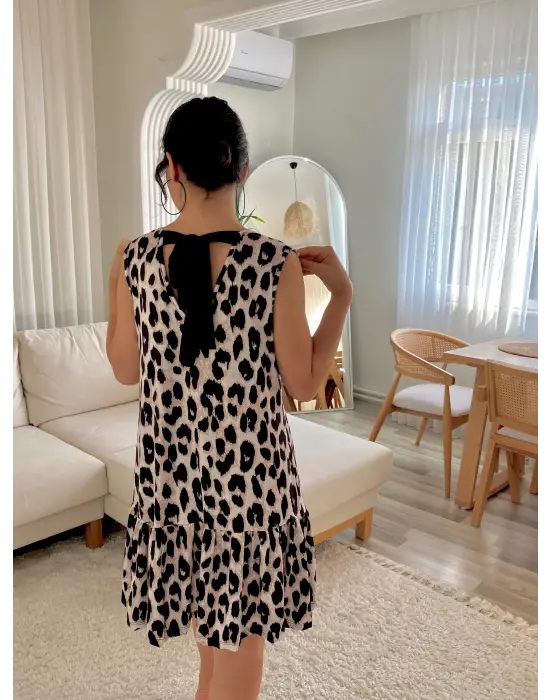 Kadın Kolsuz Sırttan Bağlamalı Fırfırlı Leopar Desenli Süprem Elbise