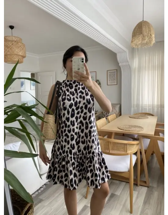 Kadın Kolsuz Sırttan Bağlamalı Fırfırlı Leopar Desenli Süprem Elbise