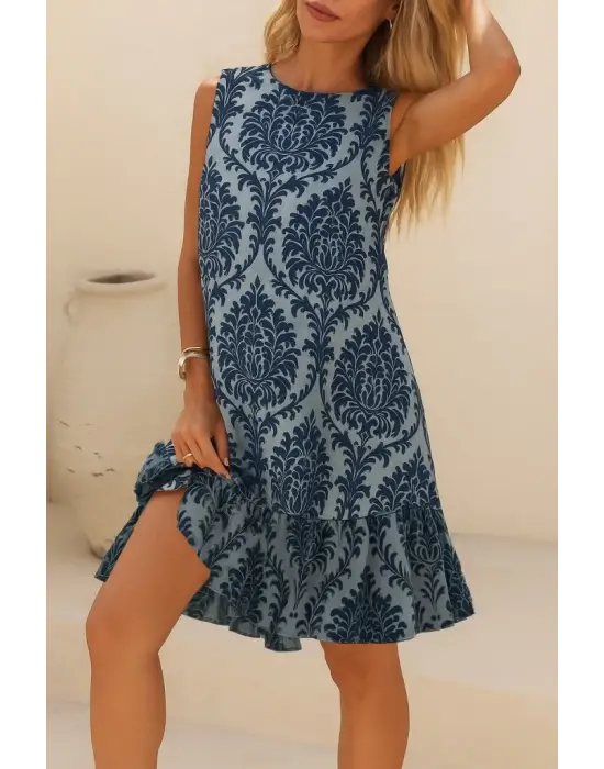 Omarı Leopar Desenli Sırt Bağlamalı Fırfırlı Elbise