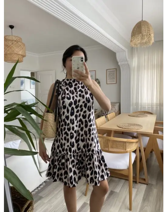 Omarı Fırfırlı Leopar Desenli Süprem Elbise
