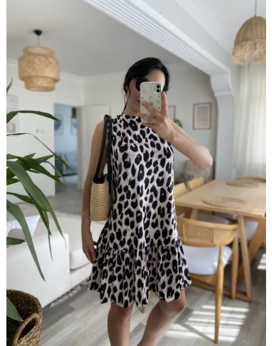 Omarı Fırfırlı Leopar Desenli Süprem Elbise