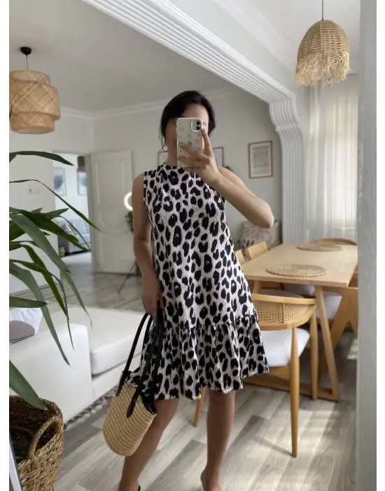 Omarı Fırfırlı Leopar Desenli Süprem Elbise