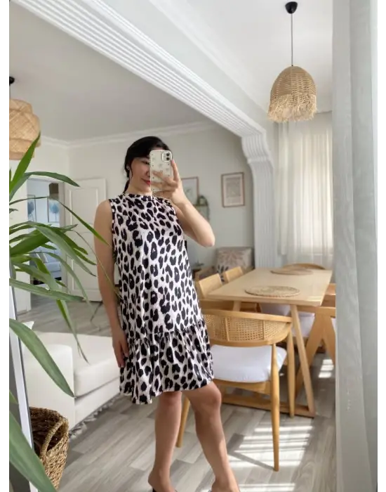 Omarı Fırfırlı Leopar Desenli Süprem Elbise
