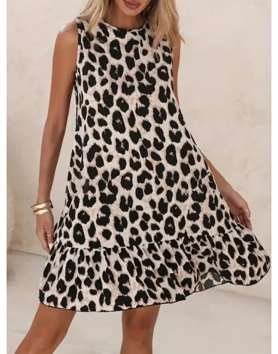 Kadın Kolsuz Sırttan Bağlamalı Fırfırlı Leopar Desenli Süprem Elbise