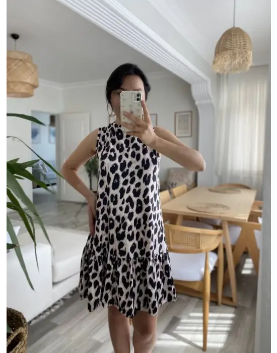 Omarı Fırfırlı Leopar Desenli Süprem Elbise